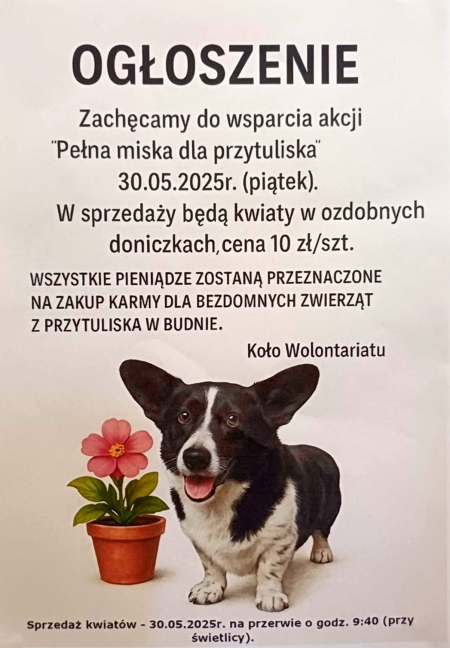 Zachęcamy do wsparcia akcji- ,,Pełna miska dla przytuliska'' -30.05.2025