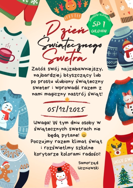 Samorząd Uczniowski zaprasza na Dzień Świątecznego Swetra- piątek 5.12 
